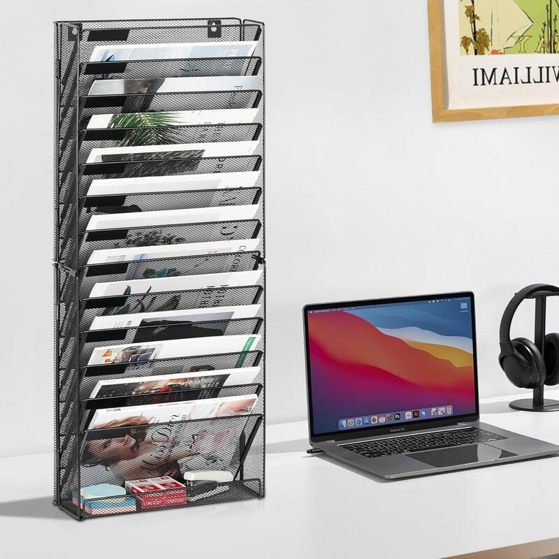 Hanging Wall File Holder, Paper Storage Organizer - 14 Tier - Black