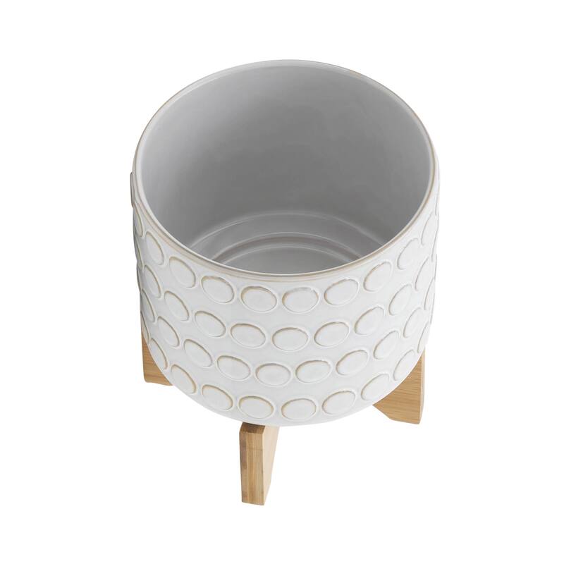 Sagebrook Home Ceramic Planters: Elevate Your Greenery with Stylish Bamboo Wood Stands - Perfect Home Decor Accessory