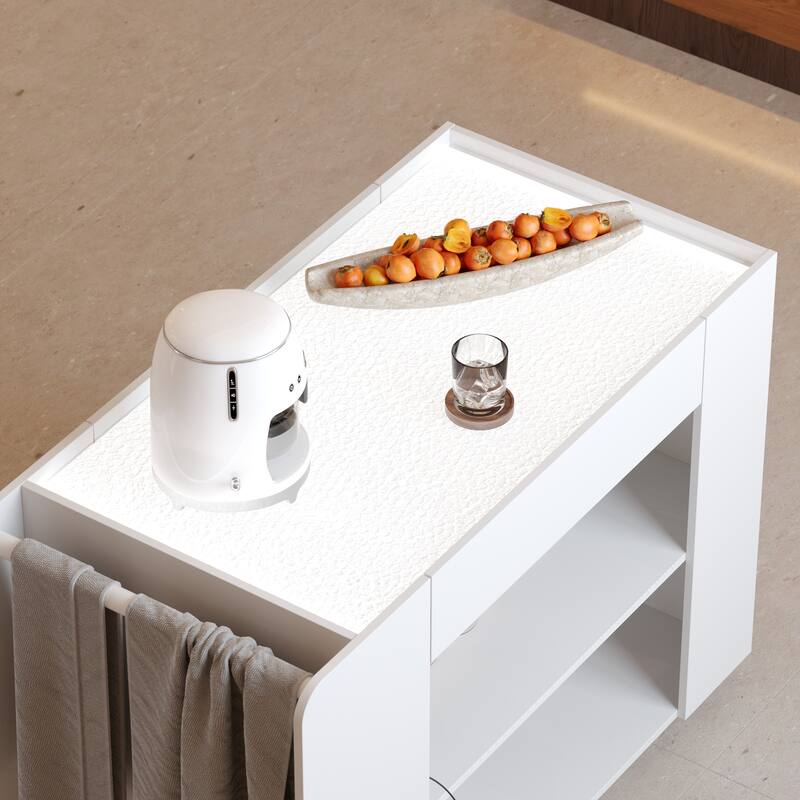 LED Kitchen Island with Tempered Glass Top, Rolling Storage Cabinet with 3-Color Lighting