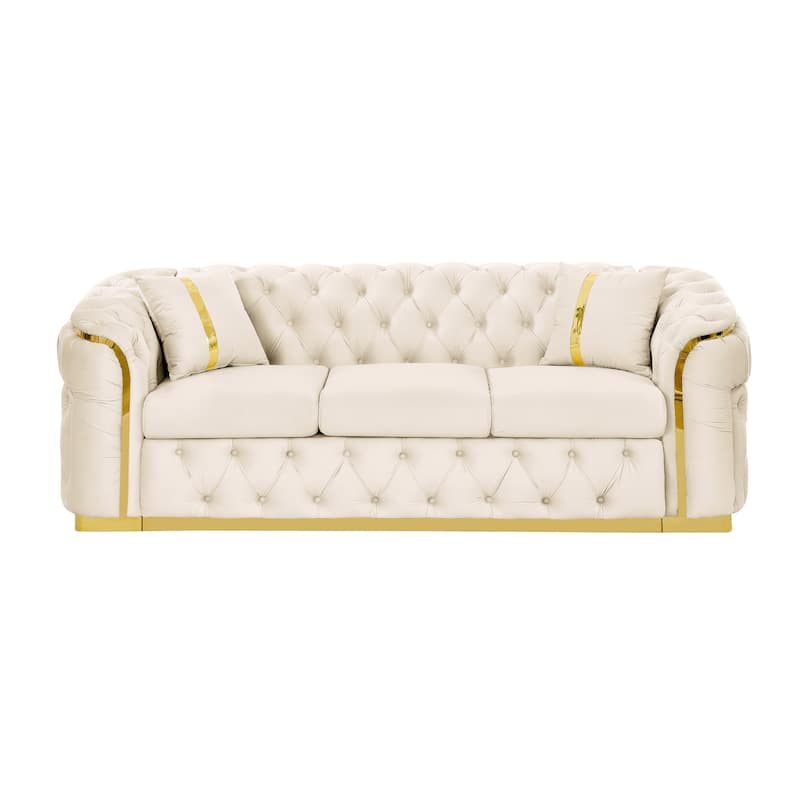 90.6 Inches 3 Seater Velvet Sofa with Gold Stainless Steel Accents and 2 Pillows, Beige