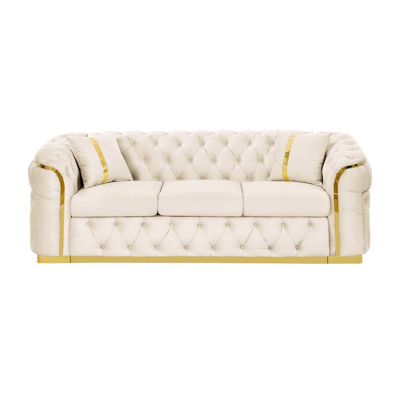 Velvet Button Tufted Sofa Couch With 2 Pillows, 3 Seater Luxury Chesterfield Sofa Set With Gold Stainless Steel Accents