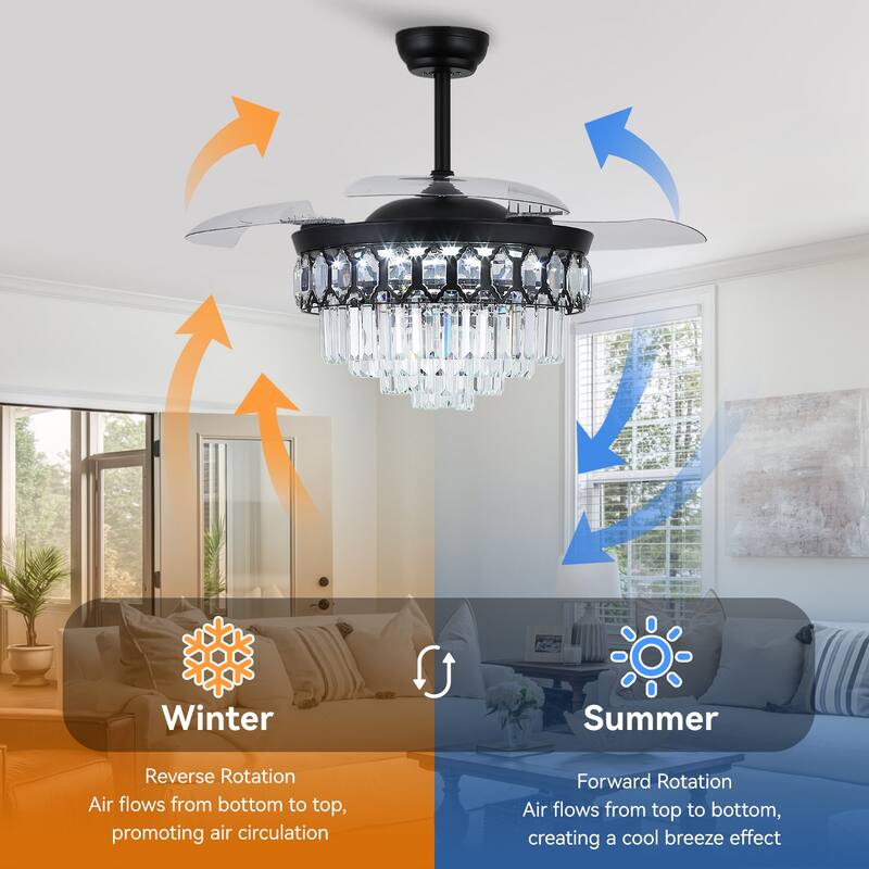 48" Crystal Fandelier Ceiling Fan with Light and Retractable Blades LED Dimmable for Bedroom Living Room - 48 Inches