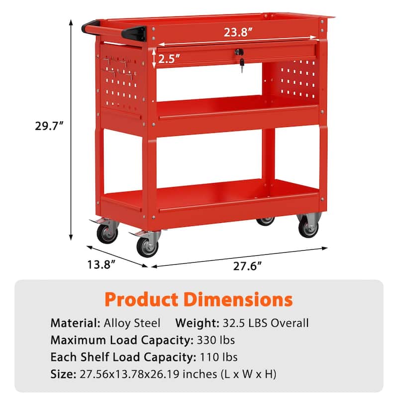 3-Tier Rolling Tool Cart on Wheels for Mechanics with Utility Drawer