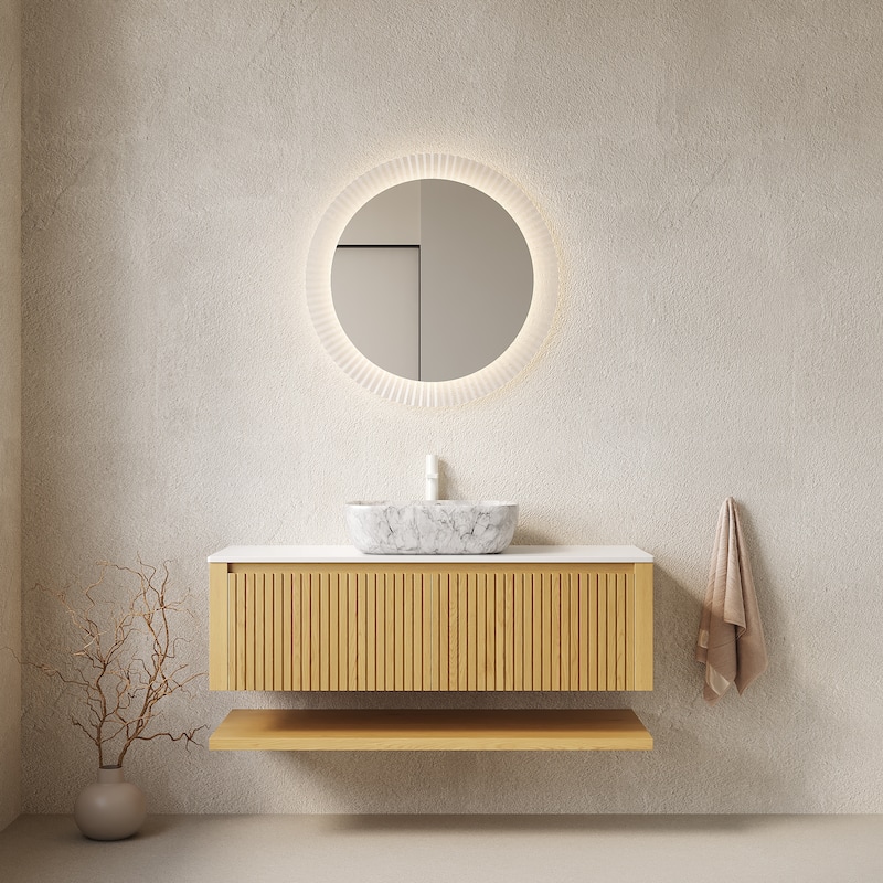 Floating Bathroom Vanity with Sink, Wall-Mounted Sintered Stone Countertop Bathroom Cabinet, Marble Pattern Ceramic Basin - Oak,Stone Gray,White - 48 Inch