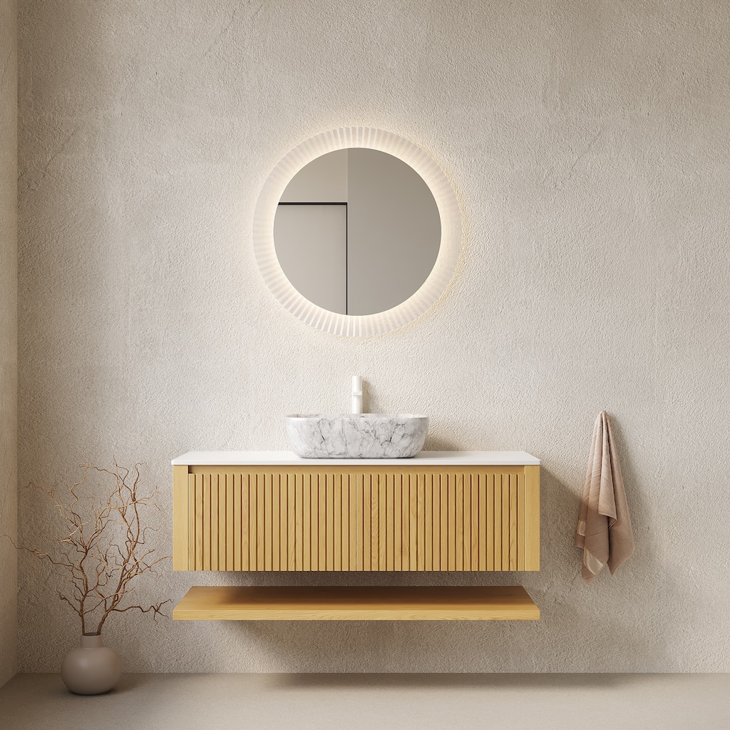 Floating Bathroom Vanity with Sink, Wall-Mounted Sintered Stone Countertop Bathroom Cabinet, Marble Pattern Ceramic Basin