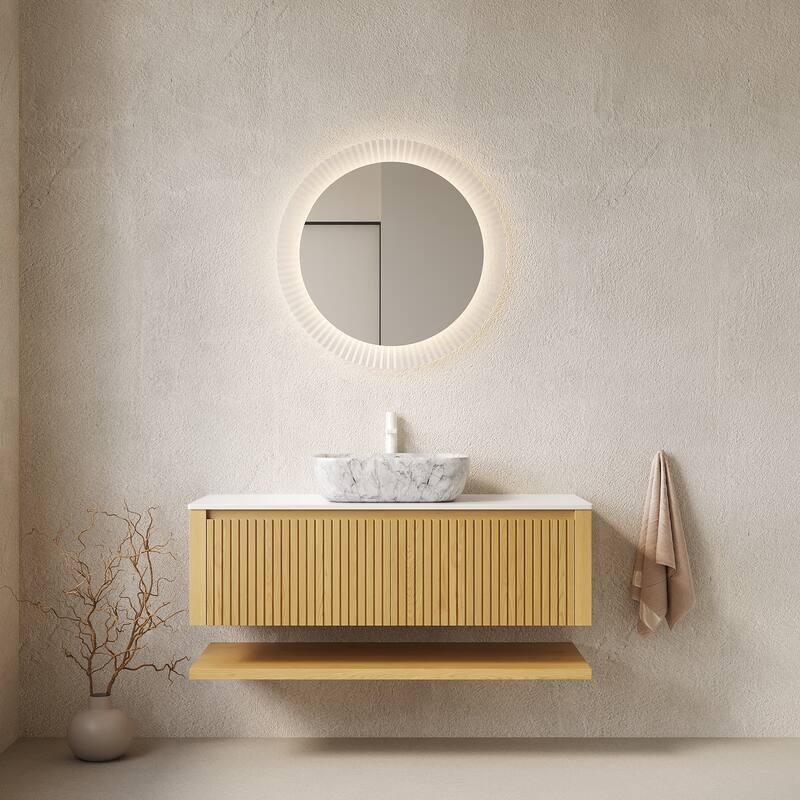 GDFStudio - Hizon Modern 48" Floating Bathroom Vanity with Ceramic Basin, Corolla Oak Finish & Open Shelf, WITHOUT Faucet