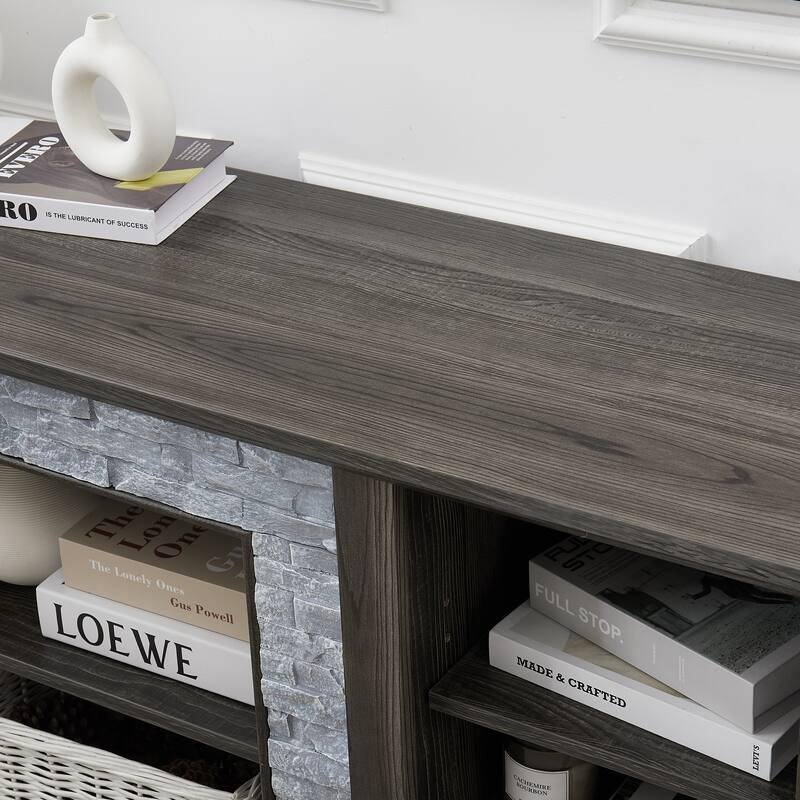 Anmytek Farmhouse TV Stand with Faux Stacked Stone Surround Accent Media Console for 60-69 inches TV Rustic Storage Cabinet