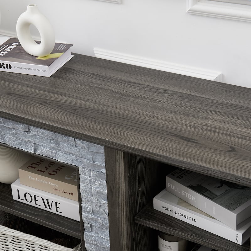 Classic White TV Stand with Faux Stacked Stone, Fits 65 TVs, 4 Adjustable Shelves, Cable Management