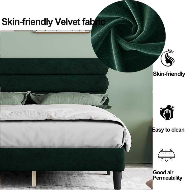 Queen Size Green Bed Frame with Tufted Headboard, Solid Wood Support ...