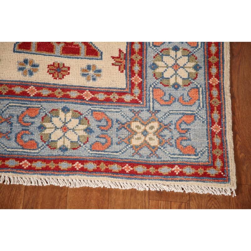 Ivory Geometric Kazak Oriental Accent Rug Handmade Wool Carpet - 3'5"x 4'11"