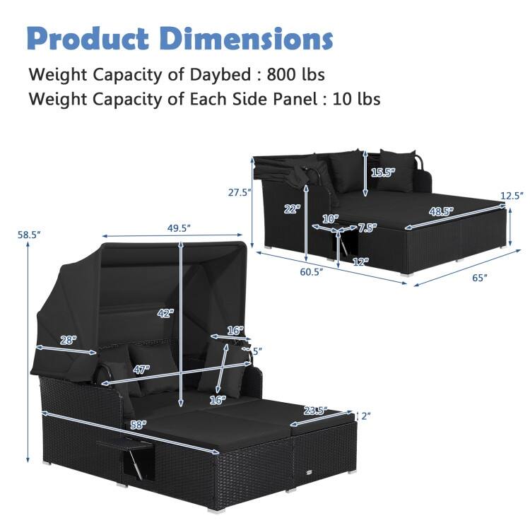 Outdoor Patio Daybed with Canopy and Foldable Side Trays - 65" x 60.5 x 58.5"