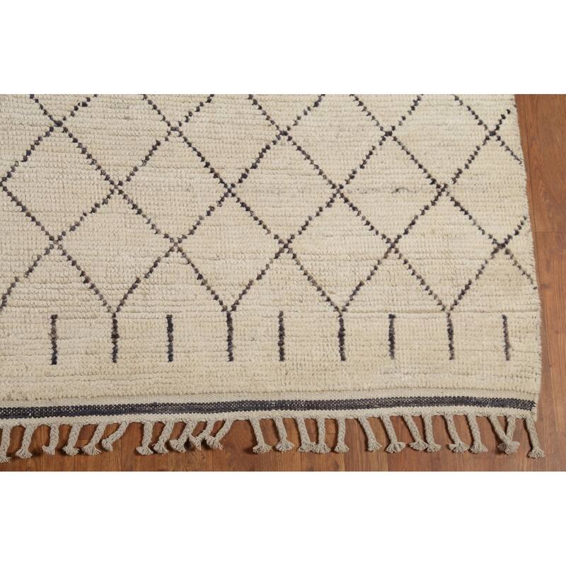 Ivory Trellis Moroccan Rug Hand-Knotted Striped Wool Carpet - 8'1"x 10'4"