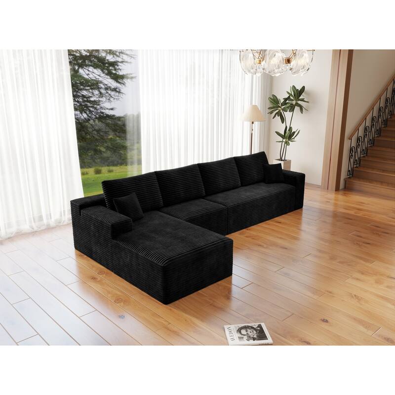 Roomfitters 131.9" Modular Sectional Sofa, 4-Piece Compressed Cloud Couch, No Assembly Required, Plush Corduroy, Black