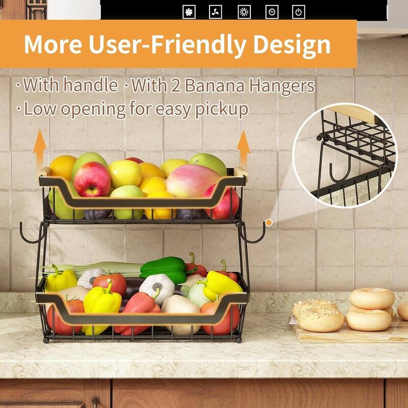 3 Tier Countertop Fruit Basket with 2 Banana Hangers for Kitchen