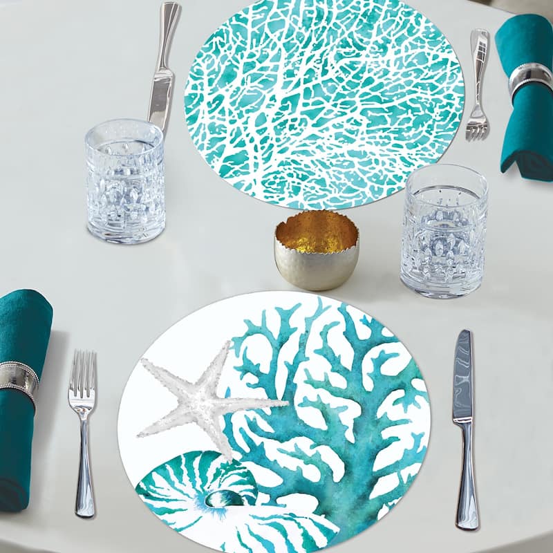 Reversible Wipe-clean Round Shaped Placemats Set of 4 - Coral Life