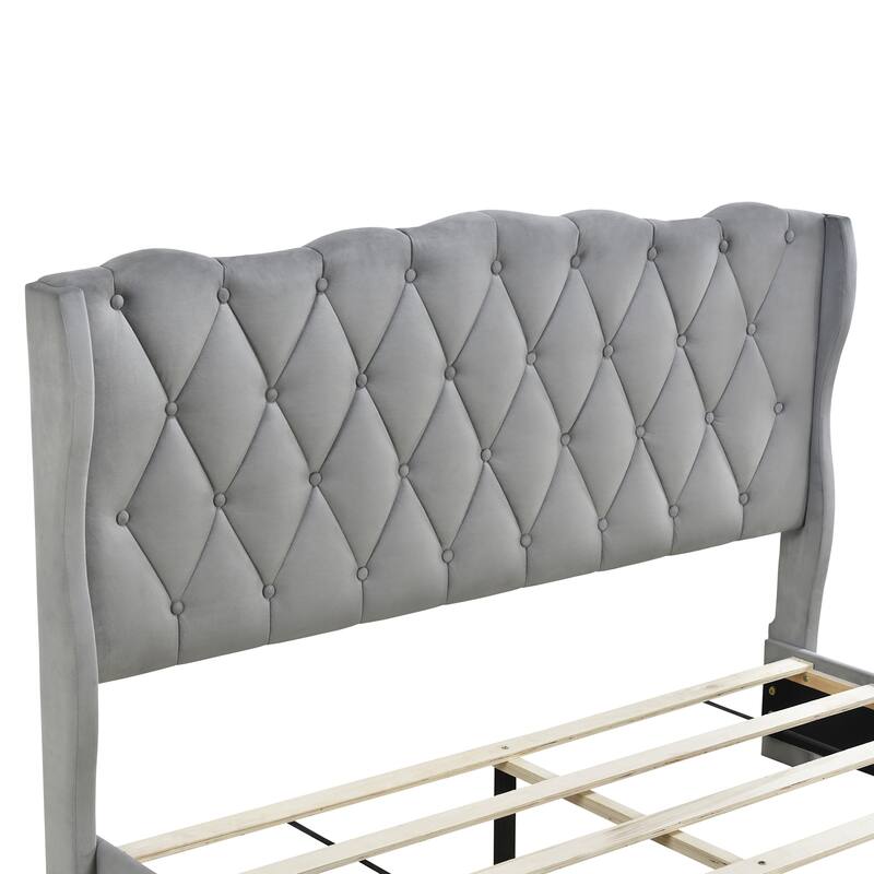 Velvet Fabric Tufted Upholstered Platform Bed with 3 Drawers
