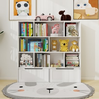 Toy Storage Organizer with 2 Movable Drawers, Multi-Functional 7 Shelf Kids Bookcase with 2 Hooks, Children Book Shelf