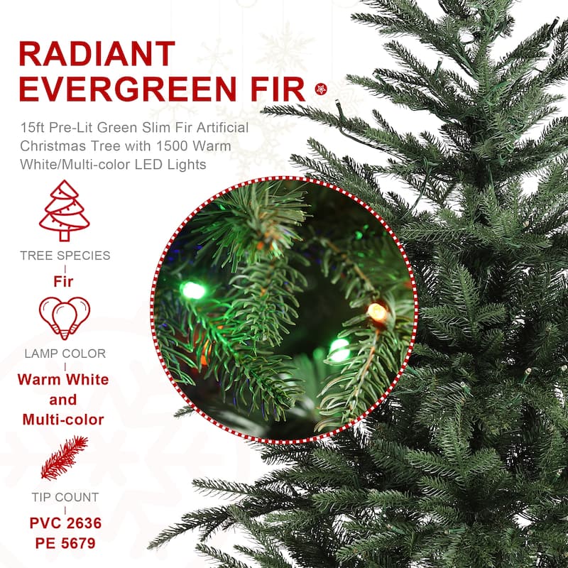 Glitzhome 15FT Pre-Lit Slim Fir or Spruce Artificial Christmas Tree with 1500/1400 Warm White LED Lights