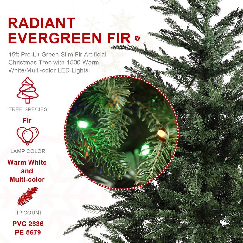 Glitzhome 7.5FT/9FT/11FT/15FT Pre-Lit Green Slim Fir Artificial Christmas Tree with Remote Control