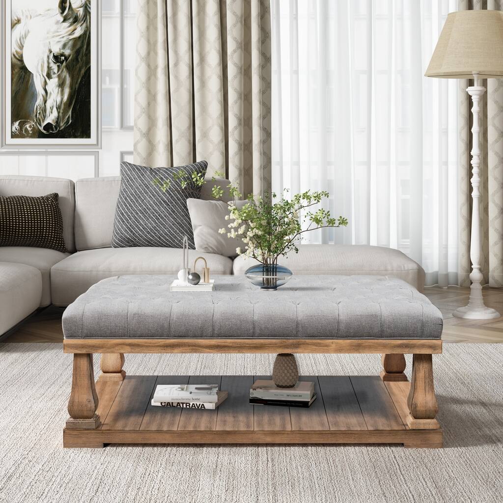 Modern Upholstered Storage Bench with Wood Shelf