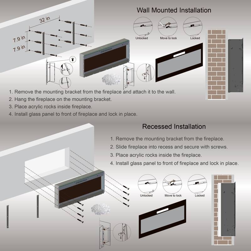 60-Inch Electric Fireplace with Recessed & Wall Mount Options, 16 Color Flame, Touch Screen, Timer & 5000 BTU Heater