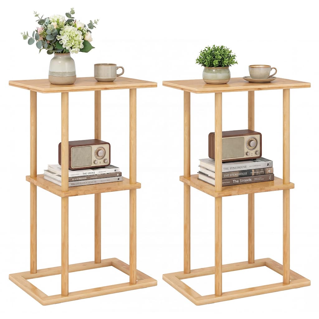 Gymax 2 Pieces Side Table w/Storage Shelves & Bamboo Construction for