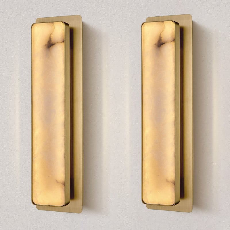 KAYLA 1-Light Gold LED Wall Sconce, Natural Alabaster Wall Sconce, Rectangular Bedside Wall Lighting (Set of 2) - Gold