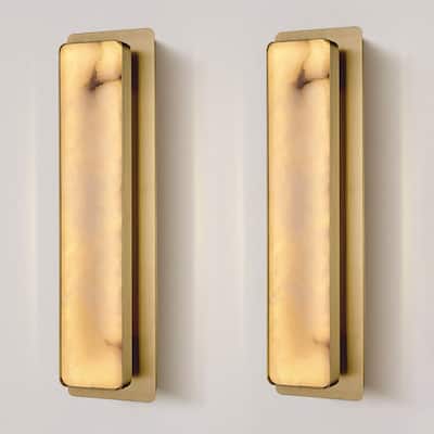 KAYLA 1-Light Gold LED Wall Sconce, Natural Alabaster Wall Sconce, Rectangular Bedside Wall Lighting (Set of 2)