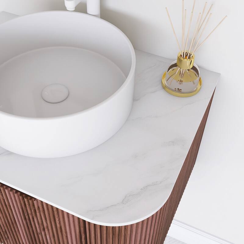 Plywood Wall-Mounted Bathroom Vanity Set with Integrated Ceramic Sink in Natural Wood