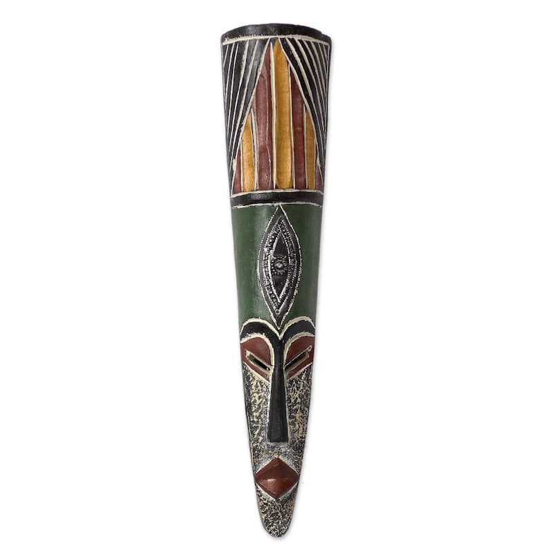 Handmade Amoo African Wood Mask (Ghana) - 19.75" H x 4.3" W x 2" D
