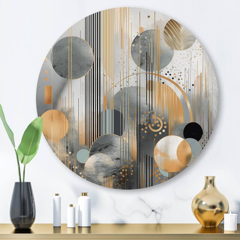 Designart "Abstract Shapes And Lines II" Abstract Marble Metal Round Wall Art