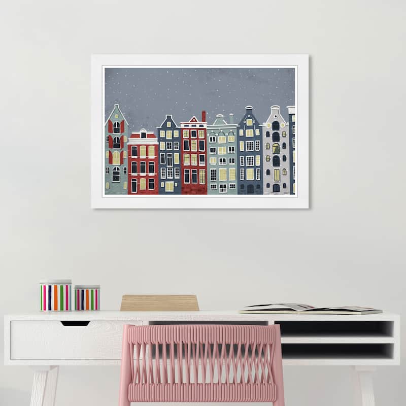 Wynwood Studio Prints Cities and Skylines Snowy City Skyline Blue and Maroon Scandinavian Wall Art Canvas Print - White