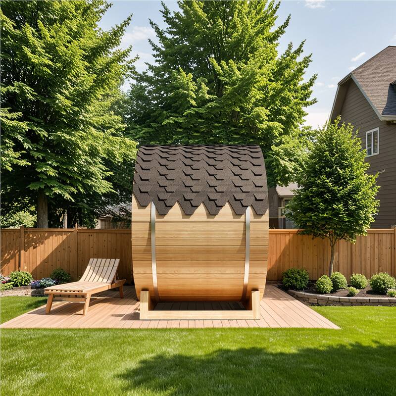 4-Person Round Cedar Sauna – Outdoor Wooden Barrel Sauna Room For Garden, Patio, Or Poolside, Temperature Control