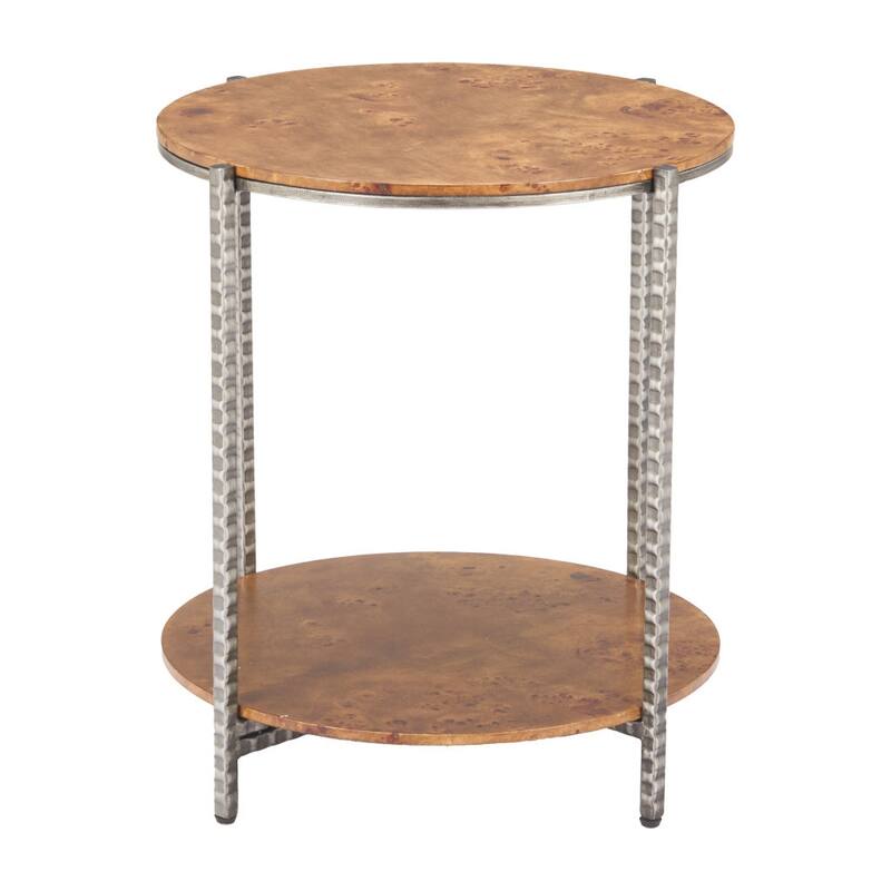 HomeRoots 22" Natural and Silver Wood and Steel Round End Table With Shelf - 20.00 in. x 22.00 in. x 20.00 in.