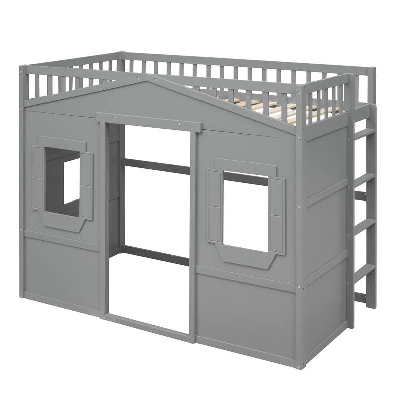 Modern House Bed Twin Size Loft Bed Solid Pine Wood Bed Frame with Door, Windows, Ladder and Safety Guardrails