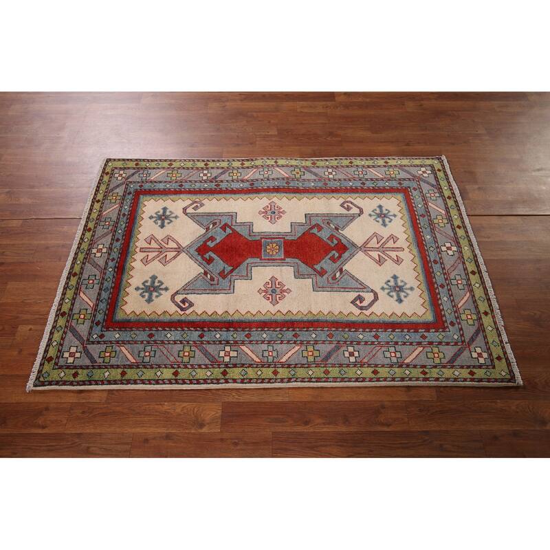 Ivory Geometric Kazak Oriental Foyer Rug Handmade Wool Carpet - 3'3" x 4'11"