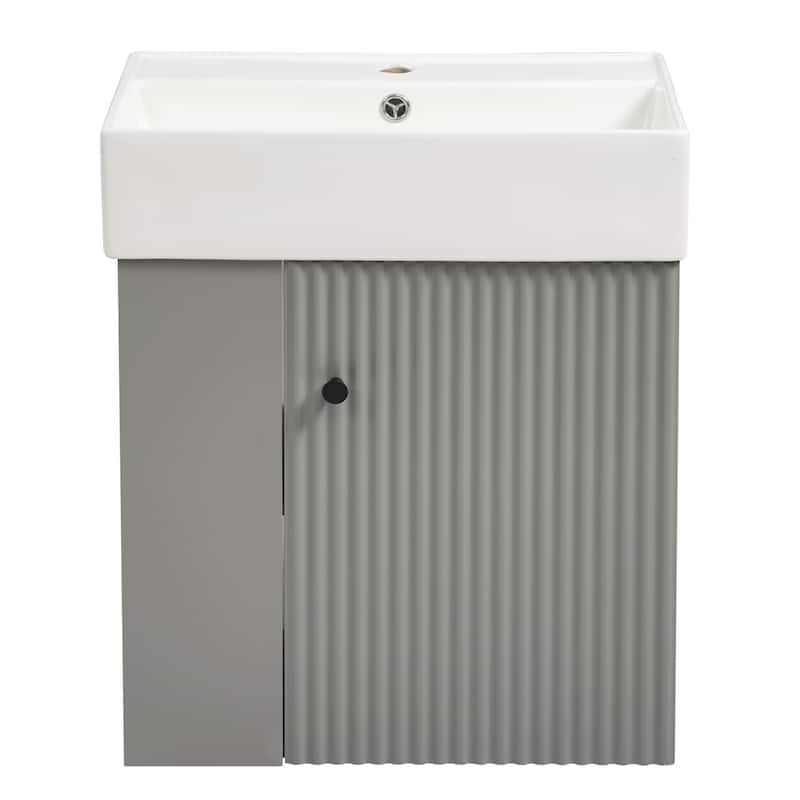 Roomfitters 21.6 Inch Modern Floating Bathroom Vanity with Ceramic Basin, Left Side Storage Cabinet & Open Shelves