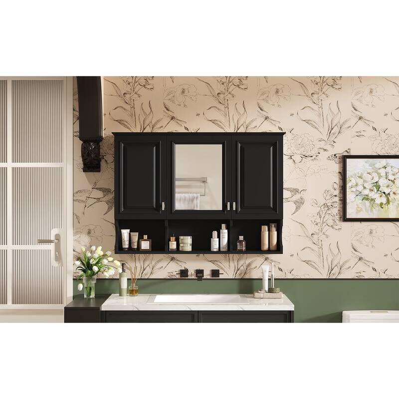 Rossetta 41'' High-Definition Mirror Bathroom Cabinet with Half-Moon Shape Open Shelves and Soft-Closing Hinges - Black