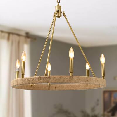 ExBrite 26.8 in. 6-Light Golden Rattan Weaving Farmhouse Candlestick Chandelier for Dining Room Kitchen Island - 27"