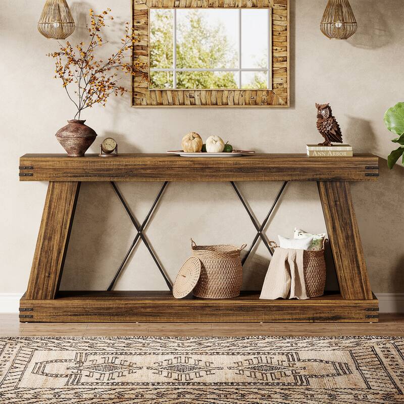 2-Tier Farmhouse Console Table, 70.9” Brown Entryway Table for Living Room - Large