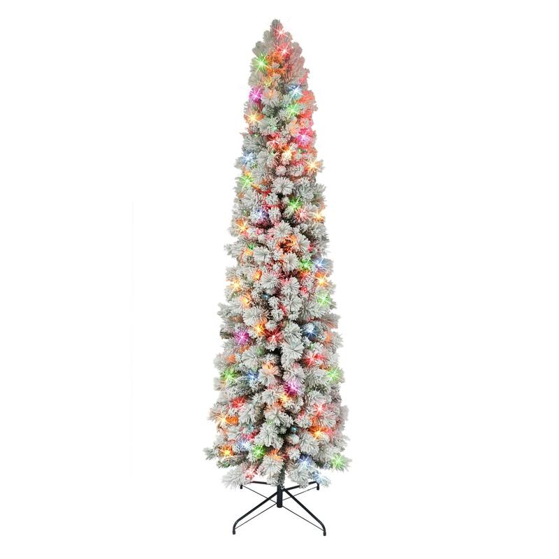 6.5' Flocked Portl& Pine Pencil Artificial Tree Colored Lights - 6.5 Foot
