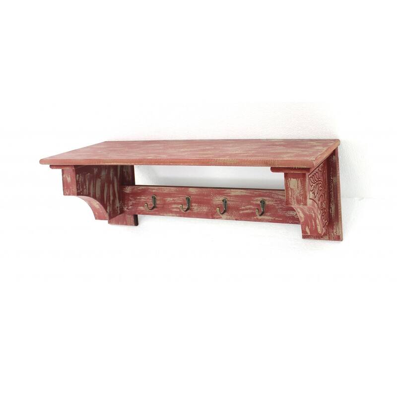 HomeRoots 30" Red Distressed Wood Four Hook Wall Mounted Hanging Coat Rack - 8" x 30" x 9.75"