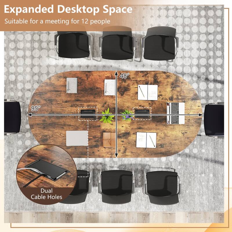 95 Inch Oval Conference Table with Dual Cable Holes and Metal Legs