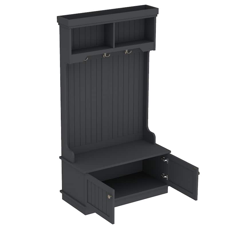 GDFStudio - Cherry Hall Tree with Shoe Bench, Coat Hooks and Display Shelves - 4-in-1 Entryway Organizer