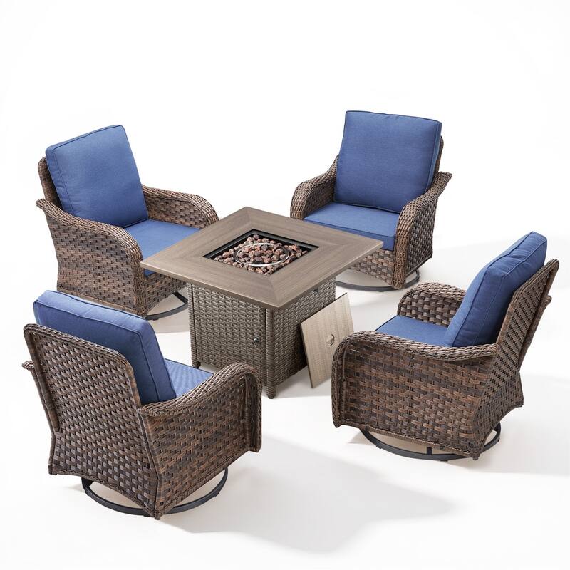 Cavira 5-Piece Brown Wicker Patio Fire Pit Set with 4 Swivel Glider Chairs