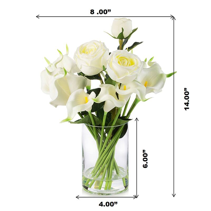 Enova Home Mixed Artificial Real Touch Lily and Rose Flower Arrangement in Clear Glass Vase with Faux Water For Home Decoration