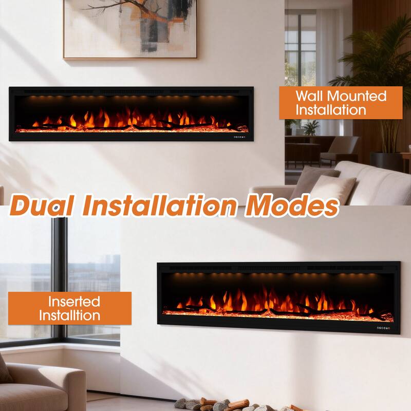 76" 1500W Modern Inserted Wall Mounted Linear Smart Electric Fireplace Heater with APP Control and Remote