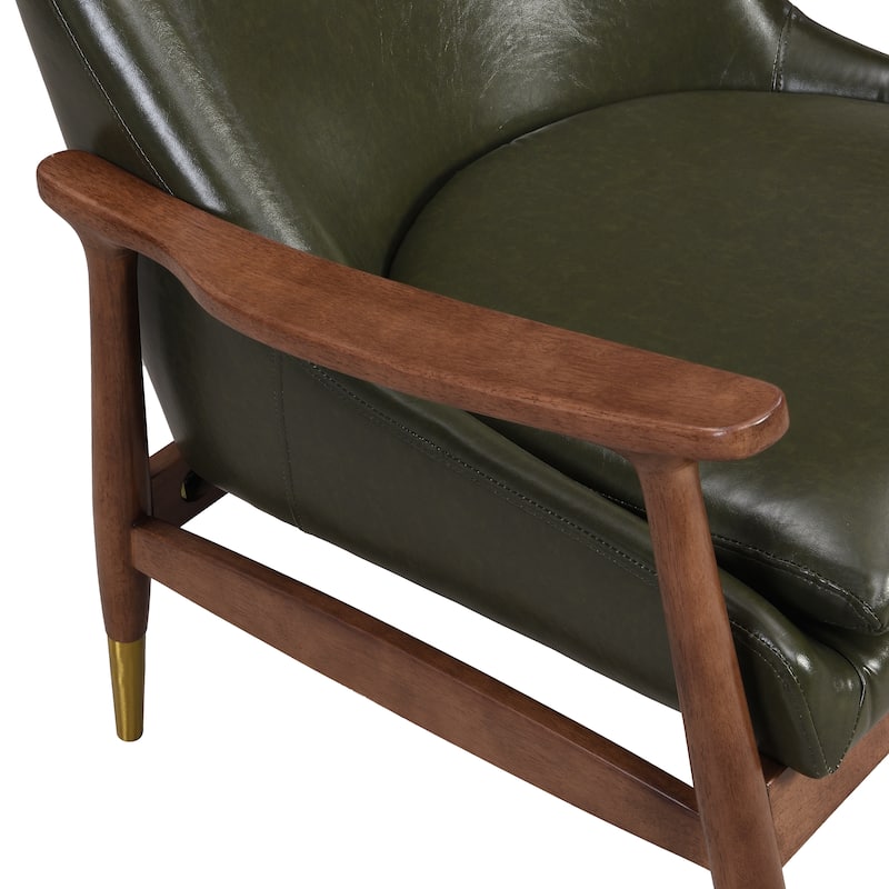 Faux Leather Mid-Century Accent Chairs (Set of 2) with Cushioned Seats, Solid Wood Frames, and Brass-Tipped Legs