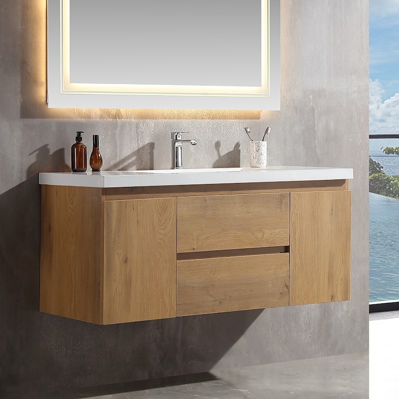 Floating Bathroom Vanity 24"-48" – Smoked Oak Finish, White Integrated Sink - 48 inch Vanity