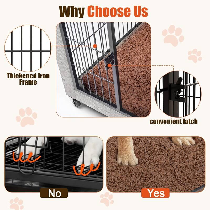 BOSSIN Dog Crate Furniture with Cushion, 32 Inch Double Doors Wooden Dog House Side End Table with Wheels for Small Medium Dogs